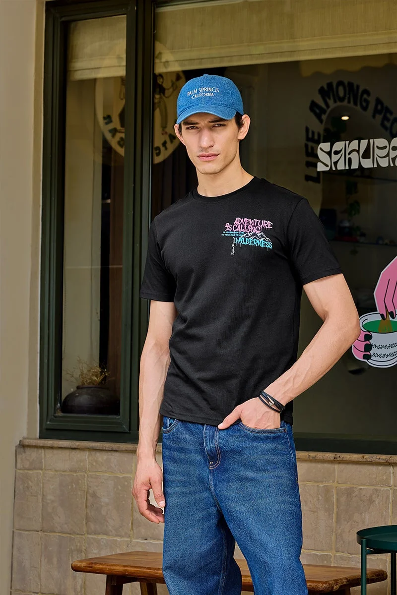 SNITCH Slim Fit Cotton Adventure Black T-Shirt